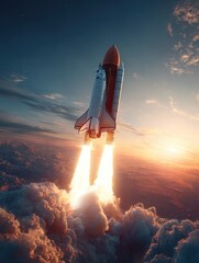 New space rocket lift off. Space shuttle with smoke and blast takes off into space on a background of blue planet earth with amazing sunset. Successful start of a space mission. Travel to Mars