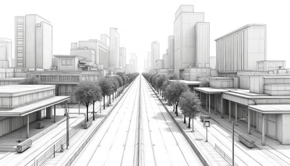 Fototapeta premium Line drawing of modern urban landscape with buildings, avenue. Contemporary architecture concept. Perspective view of city skyline, with residential, commercial buildings. Monochrome urban design