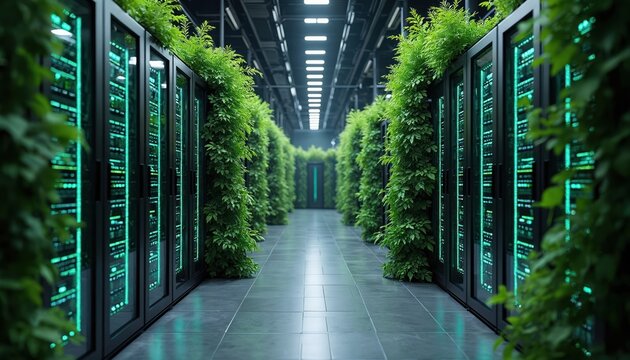 Modern eco-friendly data center with green energy solutions. Servers with green plants showcase tech sustainability. Energy efficient computing, reducing carbon footprint, promoting clean cloud
