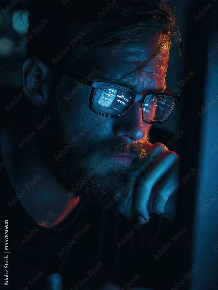 Poster capturing a focused individual deeply engrossed in software development on his computer during the n