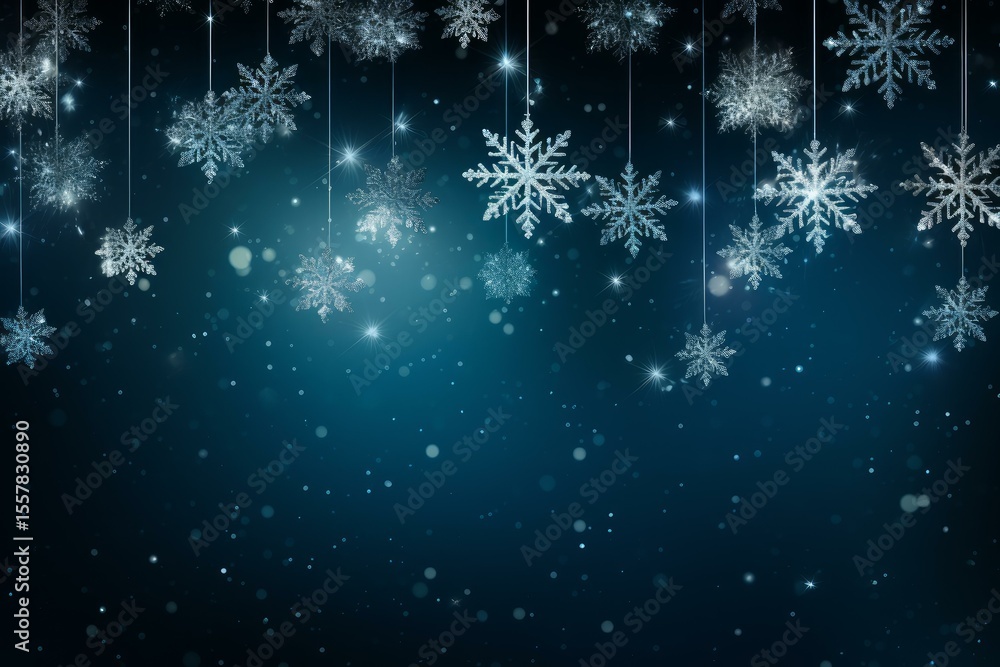 Poster beautiful sparkling snowflakes hanging on strings against a dark blue background create a festive ch