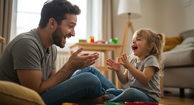 A father and daughter are sitting on the floor playing a clapping game and laughing together indoors happily