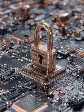 cyber security, abstract computer chip, technology background with a padlock, internet security and data protection