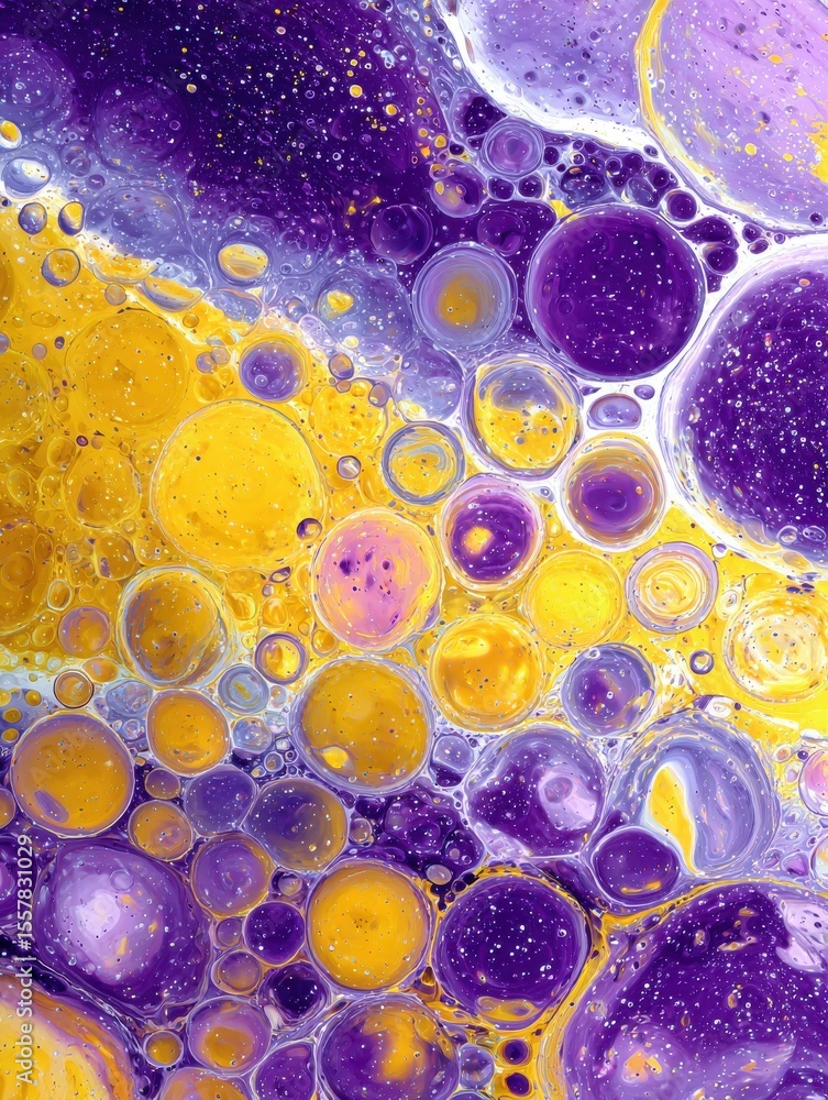 Poster purple and yellow soap bubbles in paint create an abstract design suitable for a colorful background