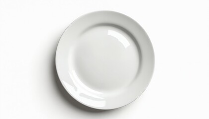 White ceramic plate isolated on white background. Clean tableware dish, empty and round. Minimalist simple design. Bright shiny glossy surface for food serving or kitchen utensil uses.