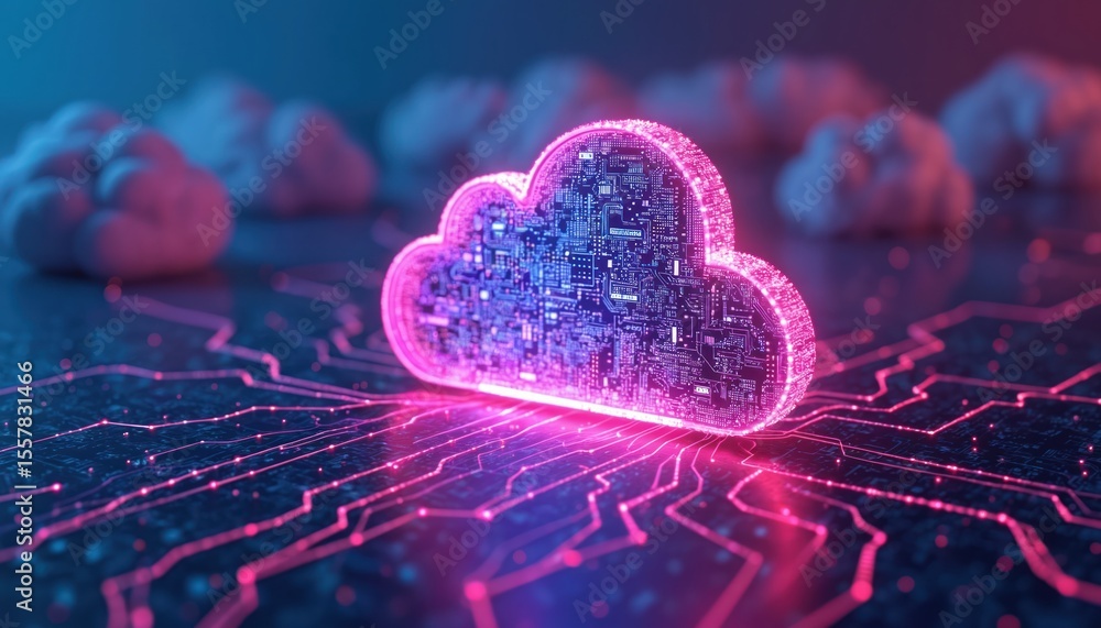 Poster illustration of cloud computing technology concept. cloud-shaped circuit board with data transfer ne