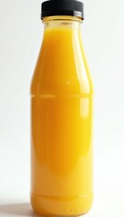 Bottle orange juice against clean white backdrop. Transparent glass container with black cap. Fresh beverage, packed for take away. Healthy nutrition, morning drink or cocktail, natural food.