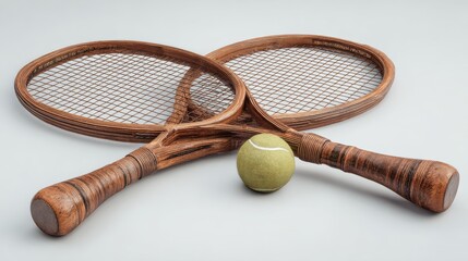Two vintage wooden tennis rackets, a tennis ball. Perfect for summer sports, leisure, or vintage themes.