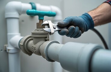 Obraz premium Male plumber installs pipe system with wrench near water tap. Professional plumbing service, repair, maintenance. Handyman working with tool in house, home, apartment, or industrial facility.