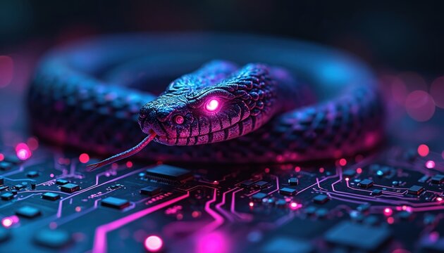 Glowing snake in center of code lines. Python programming symbol with neon light. Cybernetic serpent on circuit board. Digital code, AI machine learning. Programming project, coding, web development,
