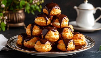 Profiteroles with Chocolate Sauce. Traditional French Dessert