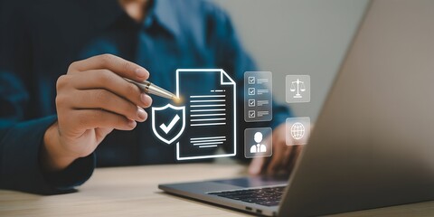 Person using a stylus on a laptop screen interacting with digital icons representing security compliance legal and global business operations
