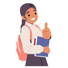 Cheerful schoolgirl giving thumbsup carrying backpack and books beaming happiness and confidence