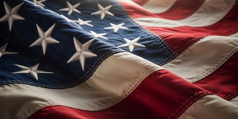 Close up detail of the american flag with stars and stripes waving gently in the light