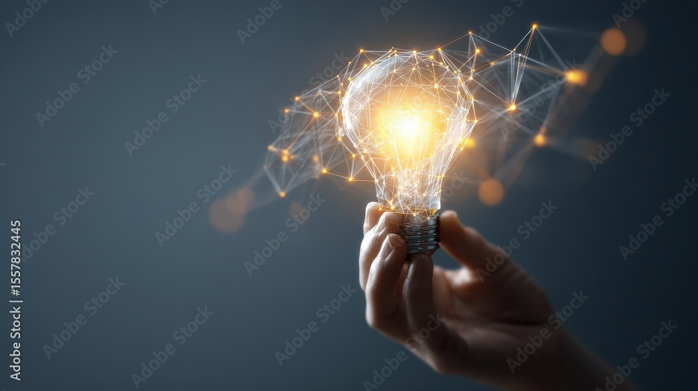 Aufkleber a hand holding a glowing lightbulb with a network of lines and dots inside, symbolizing innovation a
