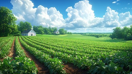 Farmland with small buildings under cloudy sky