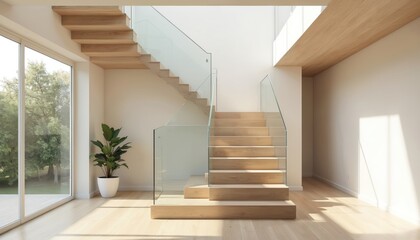 Fototapeta premium Modern minimalist interior design staircase with glass railings floating wooden steps. Contemporary style, safety, comfort, space. Natural light, perfect for real estate promo, home decor,