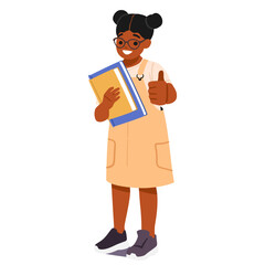 Cute curious girl nerd schoolchild cartoon character showing thumbsup isolated on white background