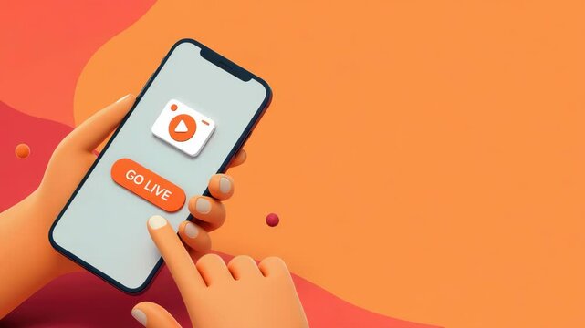3D phone with "Go Live" button, finger about to tap it