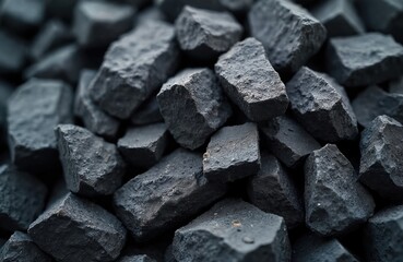 Pile of black coal fuel, a key resource for metal smelting in industry. Dark charcoal texture of fossil fuel, mineral resource. Anthracite coke deposit for energy and environmental tech themes.