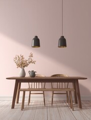 Minimalist interior with wooden table and two hanging lamps against a light pink wall