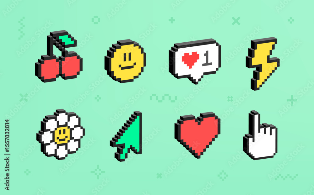 Poster 3d graphics icons in 90's pixel art aesthetics. simple pixel geometrics shapes. retro 8-bit game ico