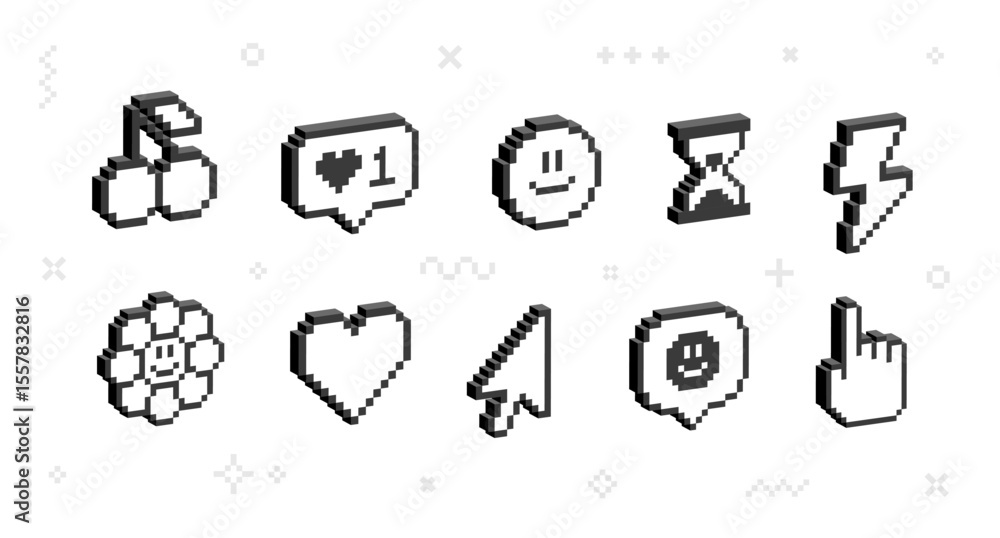 Poster 3d graphics icons in 90's pixel art aesthetics. simple pixel geometrics shapes. retro 8-bit game ico