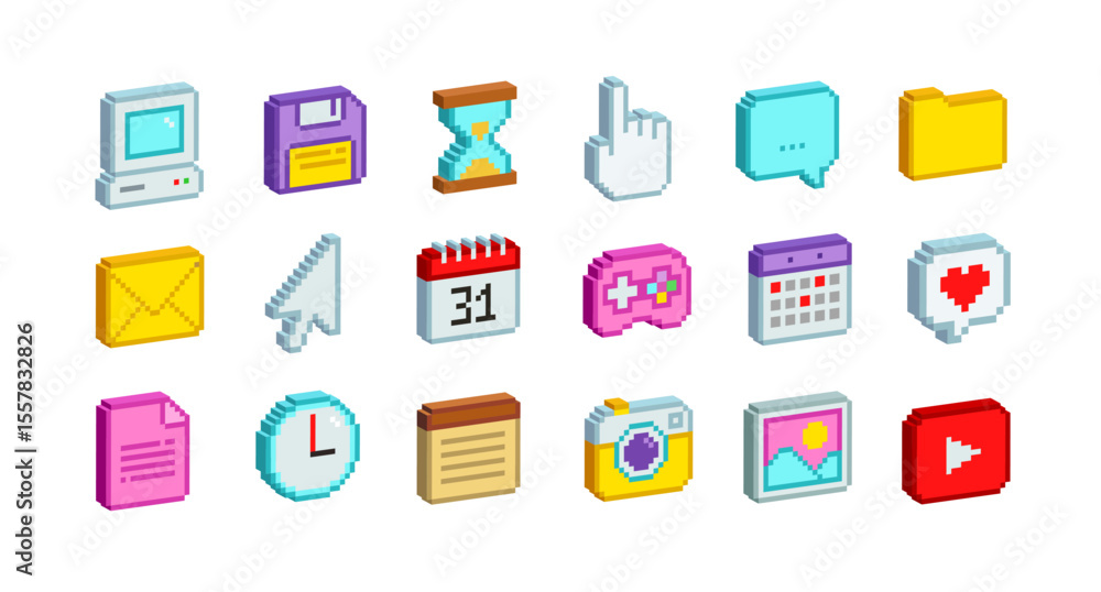 Fototapete 3d graphics icons in 90's pixel art aesthetics. simple pixel office items icons. pc icons set in ret