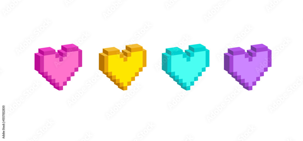 Poster 3d pixel art heart icons in 8-bit retro video game style. cute heart icos set in y2k style vibrant c