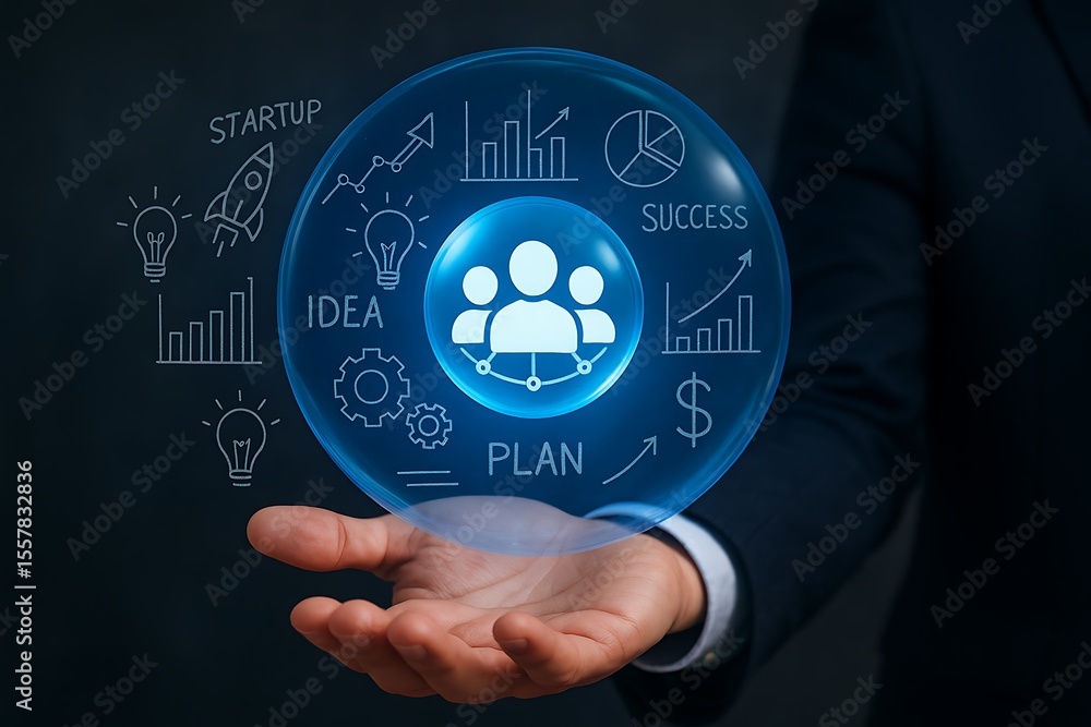 Poster a visionary entrepreneur presents a luminous display of business strategy and teamwork concepts. the