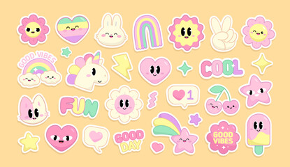 Very cute pastel stickers pack in kawaii style. Pony Unicorn and funny Cat Unicorn with kawaii emoticons: bunny, fulling star, rainbow, heart, happy icons set. Cute stickers in 90's retro stye