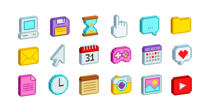 3D graphics icons in 90's Pixel art aesthetics. Simple pixel office items icons. PC icons set in retro 8-bit game of: cursor, chat message, floppy disk, notice, etc.  Editable vector in 3D style 