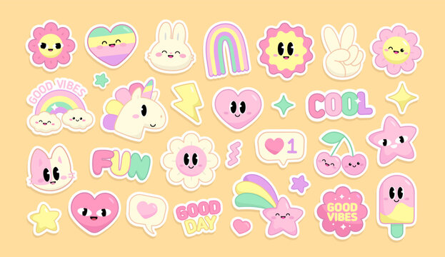 Very cute pastel stickers pack in kawaii style. Pony Unicorn and funny Cat Unicorn with kawaii emoticons: bunny, fulling star, rainbow, heart, happy icons set. Cute stickers in 90's retro stye - Powered by Adobe