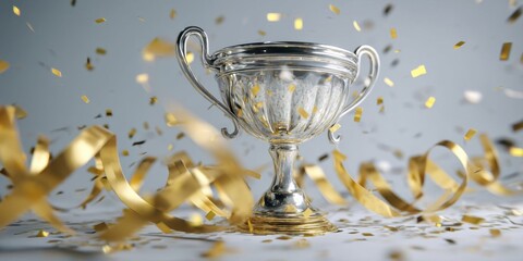 Championship Cup or Winner Trophy with Confetti and Ribbon Decorations on Banner