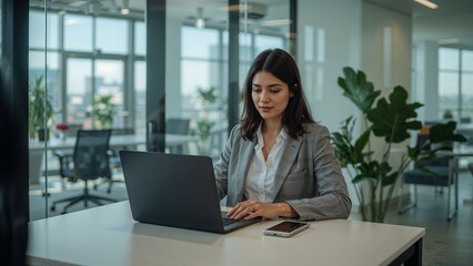 Woman working alone in modern office space with laptop,office,desk,executive