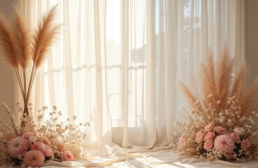 Elegant wedding backdrop design, neutral beige tones. Soft light, fluffy pampas grass, pink flowers. Gentle textile background for ceremony. Perfect design for bridal shoot, studio, wedding decor.