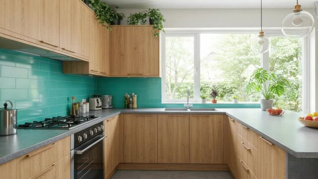Bright modern kitchen with teal backsplash