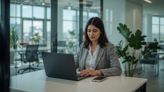 Woman working alone in modern office space with laptop,office,desk,executive