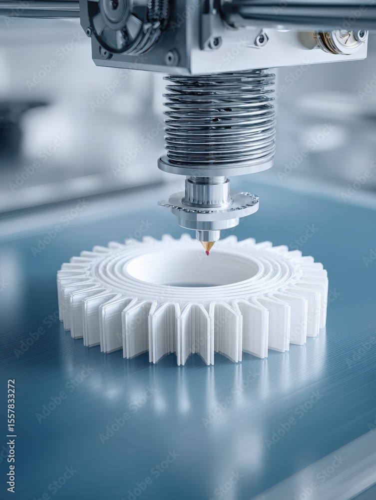 Poster 3d printing filament plastic concept. a 3d printer is creating a white gear-shaped object on a smoot