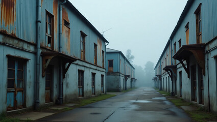 Fototapeta premium Industrial buildings with metallic textures and cool tones.