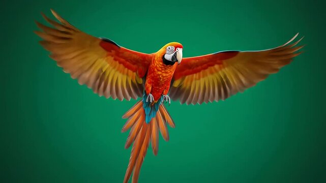 Vibrant macaw parrot soars wings spread against a solid green backdrop