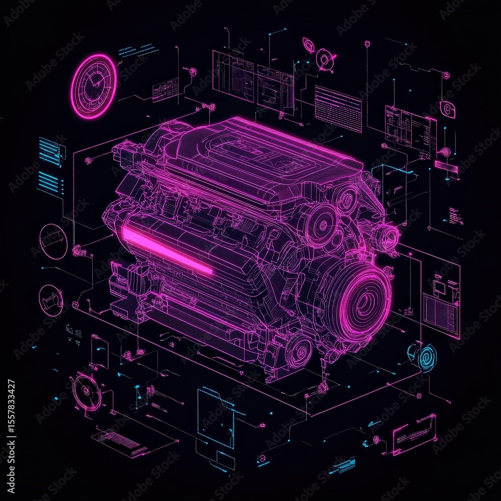 Poster neon wireframe illustration of a complex engine with digital interface elements floating around, set