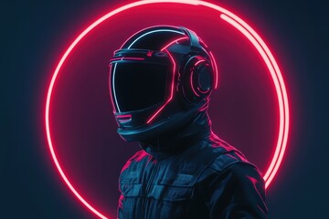 A futuristic figure wearing a sleek helmet is highlighted by a glowing red neon circle against a dark background.