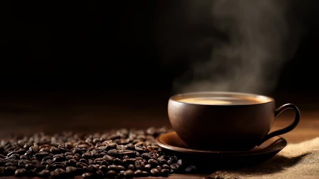 Warm coffee steaming in a cup surrounded by fresh coffee beans creates cozy atmosphere