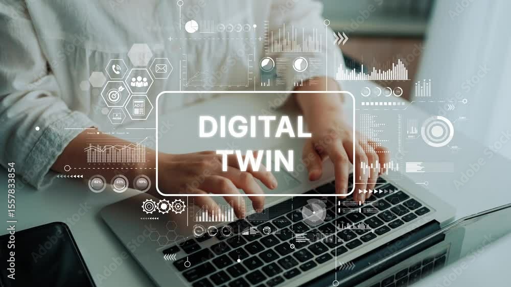 Poster hands typing on laptop with overlay graphics representing digital twin concept and data visualizatio