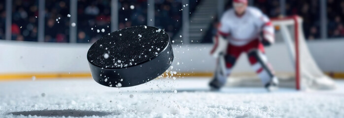 a hockey puck flies into the goalkeeper's net. hockey player wearing white and red uniform move on dark stadium background throws the puck to the foreground. copy space banner