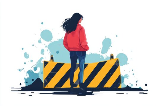 Illustration of a person in a red jacket facing a yellow and black striped road barrier with an abstract splash background in blue tones.