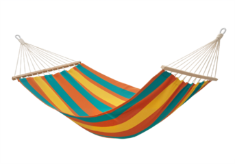 Colorful Striped Hammock with Wooden Bars and Ropes Against White Background, Evoking Relaxation and Outdoor Leisure