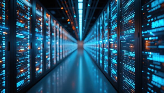 Futuristic data center interior. Server racks with glowing blue, orange lights. Data storage, cloud computing, information technology, digital transformation concept. Modern tech, innovation. Secure