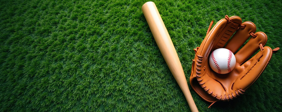 Baseball equipment bat glove ball rest on vibrant green grass field. Sport theme background perfect for advertising, web, print. Baseball championship, team sport, game play concept.